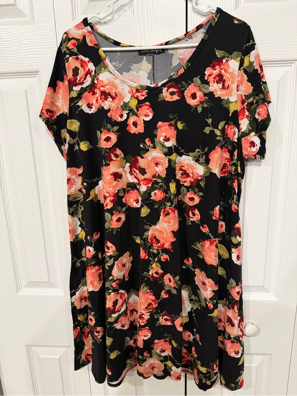 French Atmosphere Black Dress with Coral Floral Print